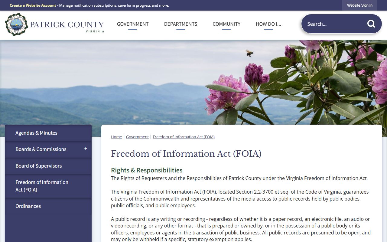 Patrick County FOIA page for jail inmate records requests